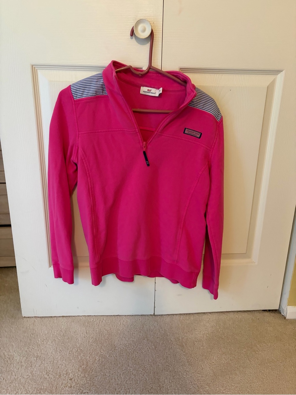 Vineyard Vines Hot Pink Quarter-Zip Pullover with Striped Shoulder Detail Size M
